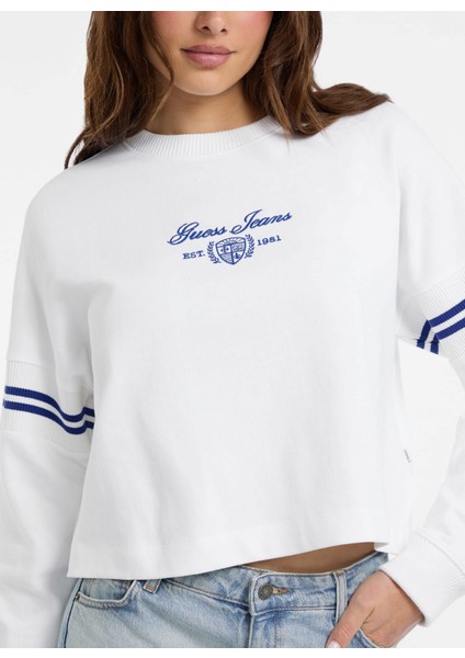 Yuvarlak Yaka Baskılı Beyaz Kadın Sweatshırt Guess Jeans Kadın Sweatshirt modelleri