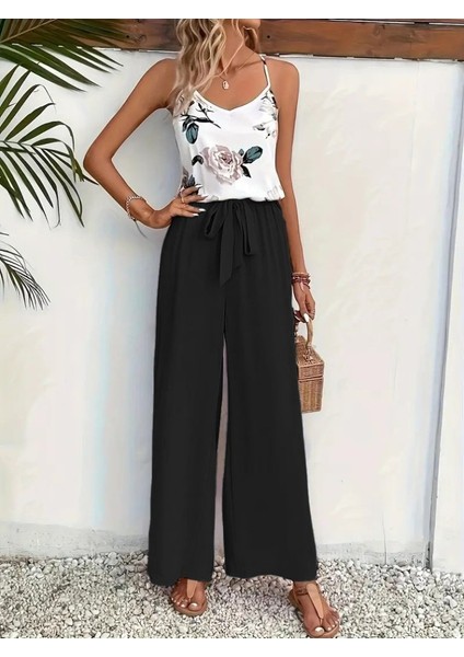 Kadın Ip Askılı V Yakalı Süprem Bluz ve Aerobin Pantolon Ikili Takım