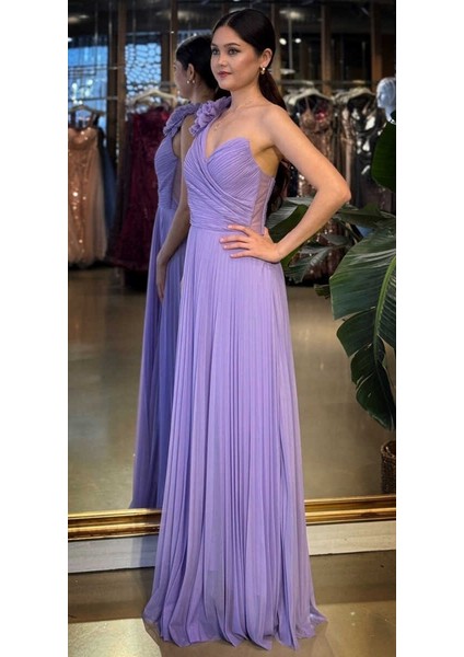 Lila Tek Omuzlu Kloş Etekli Şifon Tül Uzun Abiye Elbise 11081-04 fiyatları