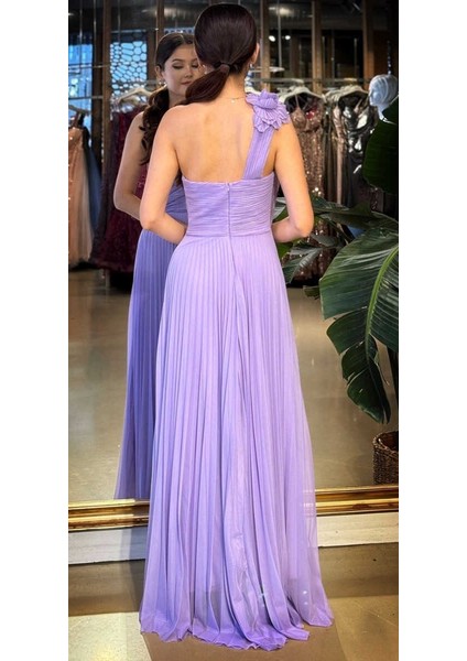 Lila Tek Omuzlu Kloş Etekli Şifon Tül Uzun Abiye Elbise 11081-04 indirimleri