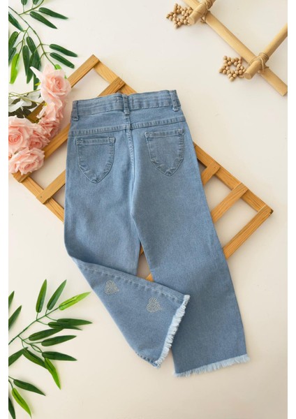 Sıralı Kalp Taş Işleme Detaylı Kız Çocuk Yumuşak kot pantolon - Mavi fiyatları