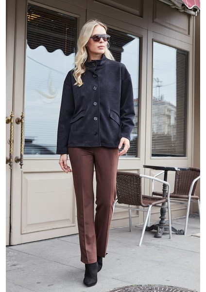 Kadın Diyagonal Yüksek Bel Alman Cepli Boru Paça Pantolon-Kahve