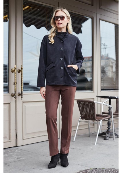 Kadın Diyagonal Yüksek Bel Alman Cepli Boru Paça Pantolon-Kahve fiyatları