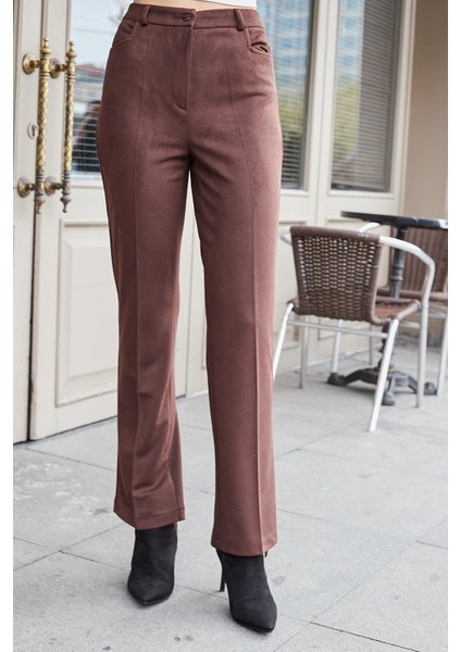 Kadın Diyagonal Yüksek Bel Alman Cepli Boru Paça Pantolon-Kahve modelleri