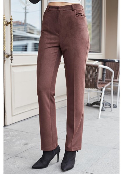 Kadın Diyagonal Yüksek Bel Alman Cepli Boru Paça Pantolon-Kahve fırsatları