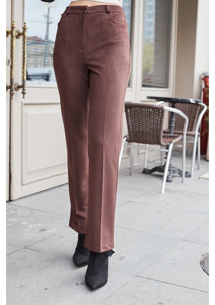 Kadın Diyagonal Yüksek Bel Alman Cepli Boru Paça Pantolon-Kahve indirimleri