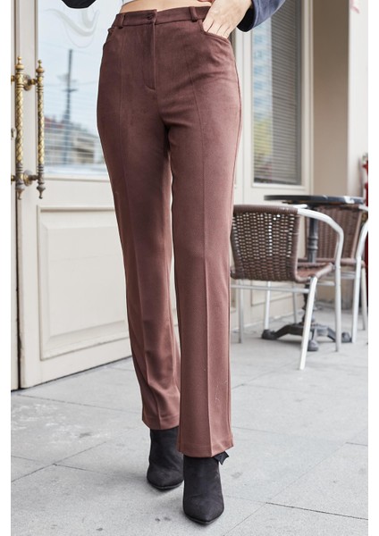Kadın Diyagonal Yüksek Bel Alman Cepli Boru Paça Pantolon-Kahve