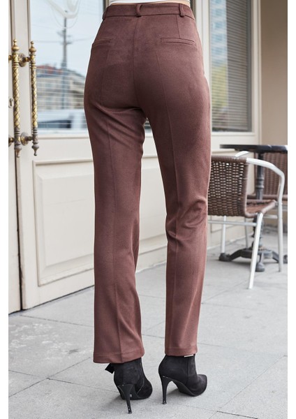 Kadın Diyagonal Yüksek Bel Alman Cepli Boru Paça Pantolon-Kahve