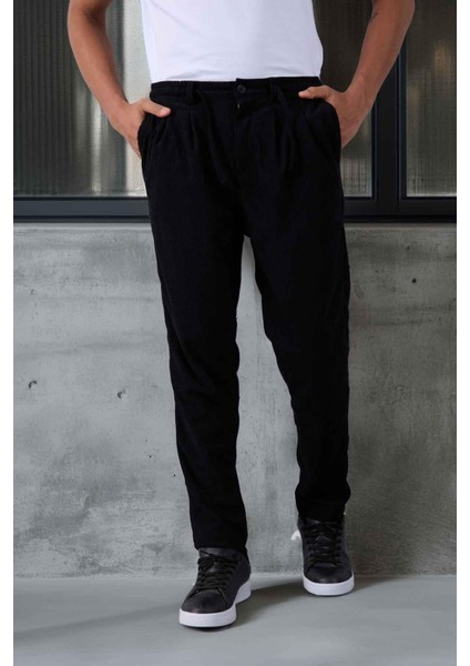 Roy Regular Fit Beli Lastikli Fitilli Kadife Kumaş Fermuarlı Jogger Erkek pantolon - Siyah