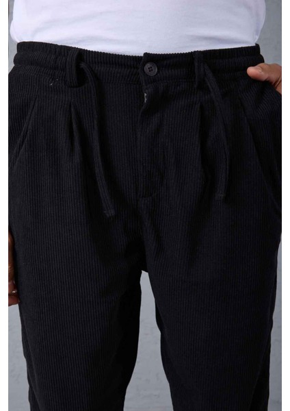 Roy Regular Fit Beli Lastikli Fitilli Kadife Kumaş Fermuarlı Jogger Erkek pantolon - Siyah fiyatları