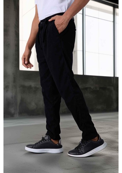 Roy Regular Fit Beli Lastikli Fitilli Kadife Kumaş Fermuarlı Jogger Erkek pantolon - Siyah modelleri