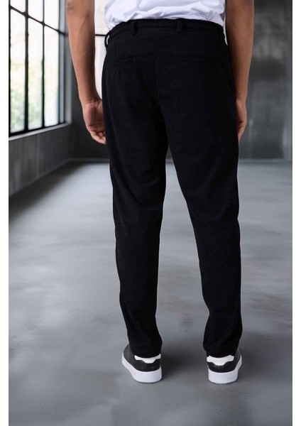Roy Regular Fit Beli Lastikli Fitilli Kadife Kumaş Fermuarlı Jogger Erkek pantolon - Siyah