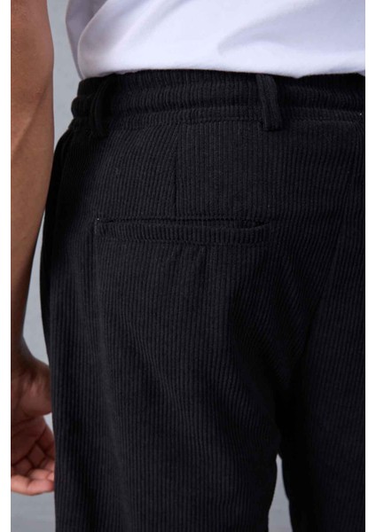 Roy Regular Fit Beli Lastikli Fitilli Kadife Kumaş Fermuarlı Jogger Erkek pantolon - Siyah