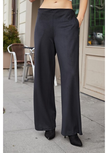 Kadın Süet Dokulu Kumaş Yüksek Bel Yan Cepli Beli Lastikli Bol Paça Palazzo Pantolon-Siyah modelleri