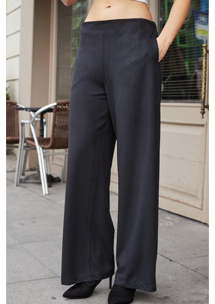 Kadın Süet Dokulu Kumaş Yüksek Bel Yan Cepli Beli Lastikli Bol Paça Palazzo Pantolon-Siyah fırsatları