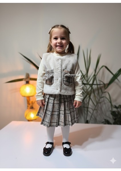 Kız Çocuk Üçlü Takım (Peluşlu Yelek+Pamuklu Bluz+Kaşe Etek) Şık Kışlık Taş Rengi