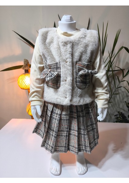Kız Çocuk Üçlü Takım (Peluşlu Yelek+Pamuklu Bluz+Kaşe Etek) Şık Kışlık Taş Rengi fiyatları