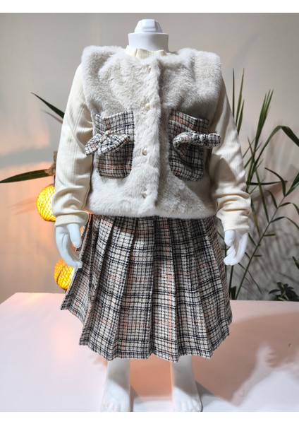 Kız Çocuk Üçlü Takım (Peluşlu Yelek+Pamuklu Bluz+Kaşe Etek) Şık Kışlık Taş Rengi fırsatları