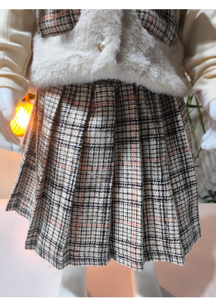 Kız Çocuk Üçlü Takım (Peluşlu Yelek+Pamuklu Bluz+Kaşe Etek) Şık Kışlık Taş Rengi indirimleri