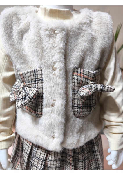 Kız Çocuk Üçlü Takım (Peluşlu Yelek+Pamuklu Bluz+Kaşe Etek) Şık Kışlık Taş Rengi