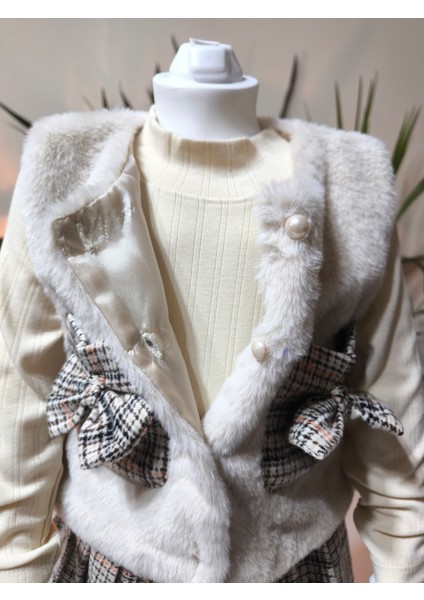 Kız Çocuk Üçlü Takım (Peluşlu Yelek+Pamuklu Bluz+Kaşe Etek) Şık Kışlık Taş Rengi