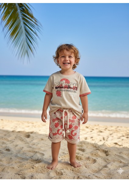 Çocuk Unisex Kız Erkek Şortlu Alt Üst Takım Kreş %100 Pamuk Rahat Tarz Tasarım Premium, Mercan