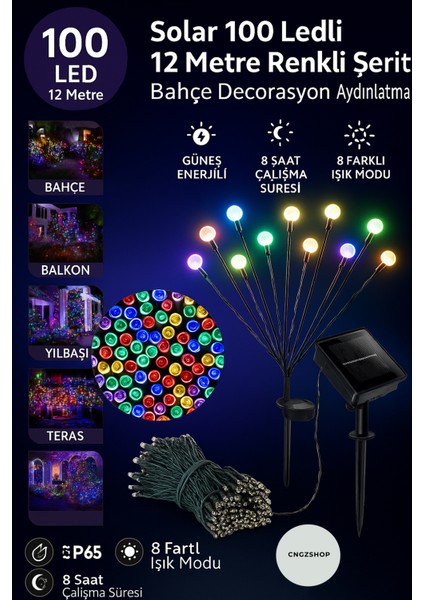 Solar 100 Ledli 12 Metre Renkli Şerit Bahçe Dekorasyon Aydınlatma – Güneş Enerjili Dış Mekan LED Işı