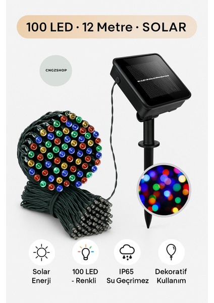 Solar 100 Ledli 12 Metre Renkli Şerit Bahçe Dekorasyon Aydınlatma – Güneş Enerjili Dış Mekan LED Işı indirimleri