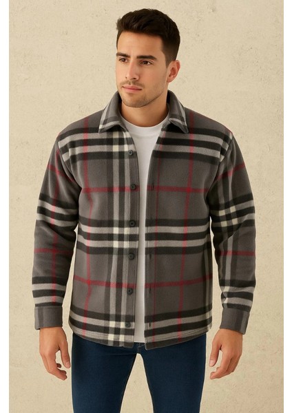 Erkek Ekose Desenli Düğmeli Polar Yakalı Uzun Kollu Gömlek Oversize Rahat Kalıp - Füme