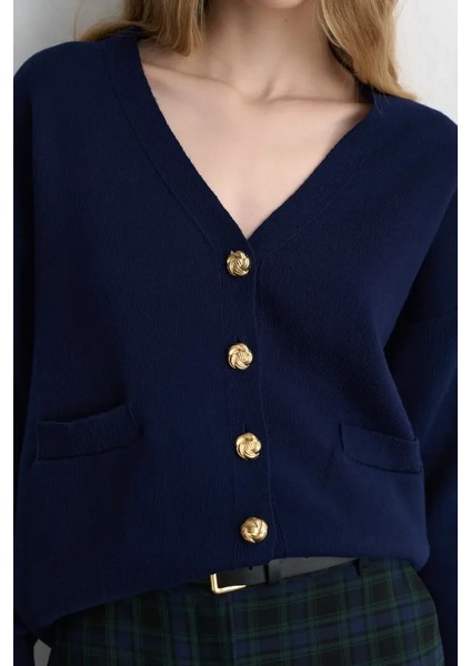 V Yaka Triko Yün Hırka - Lacivert fırsatları