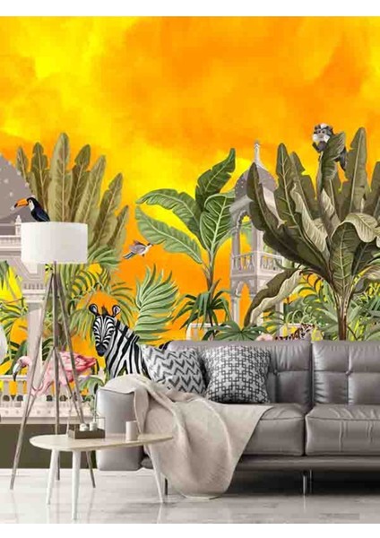 Tropik Hayvanlar Desenli Silinebilir Sağlıklı Tekstil Duvar Kağıdı