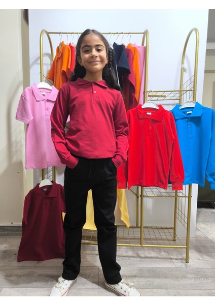 unisex Çocuk Genç Polo Yaka Uzun Kol Okul Günlük Tişört, Nefes Alabilen Kumaş