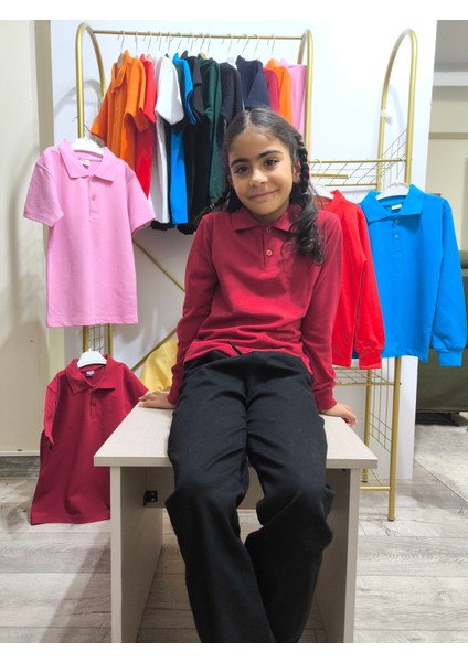 unisex Çocuk Genç Polo Yaka Uzun Kol Okul Günlük Tişört, Nefes Alabilen Kumaş fiyatları