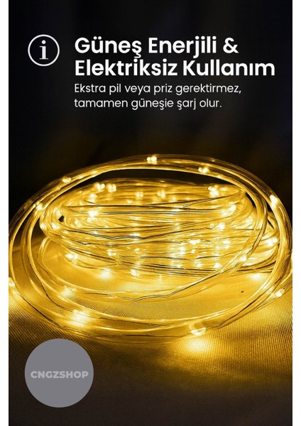 100 LED 12 Metre Sarı Solar Peri LED Işık | Güneş Enerjili Su Geçirmez Bahçe, Balkon, Ağaç ve Yılbaş modelleri