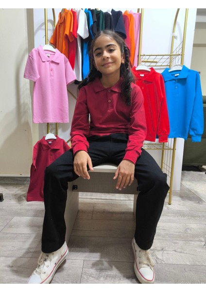 unisex Çocuk Genç Polo Yaka Uzun Kol Okul Günlük Tişört, Nefes Alabilen Kumaş fırsatları