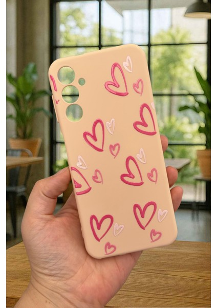 Samsung Galaxy A14 Uyumlu Pembe Kalp Desenli Silikon Darbe Emici Klasik Korumalı Rubber Kılıf