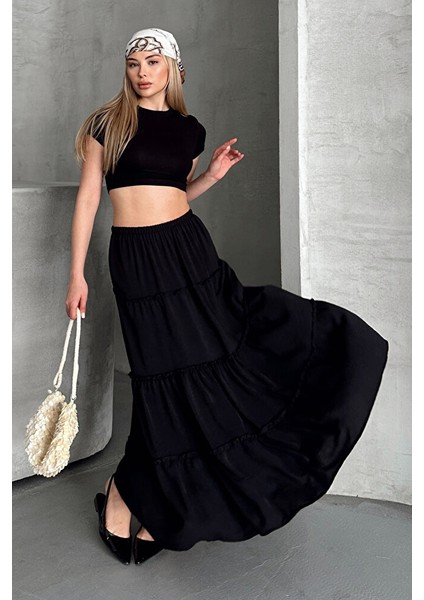 Basic Astarlı Pileli Kadın Uzun Etek Siyah fiyatları