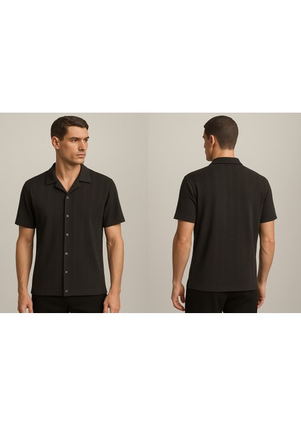 Desenli Slim Fit Apaç Yaka Kısa Kollu Erkek Gömlek