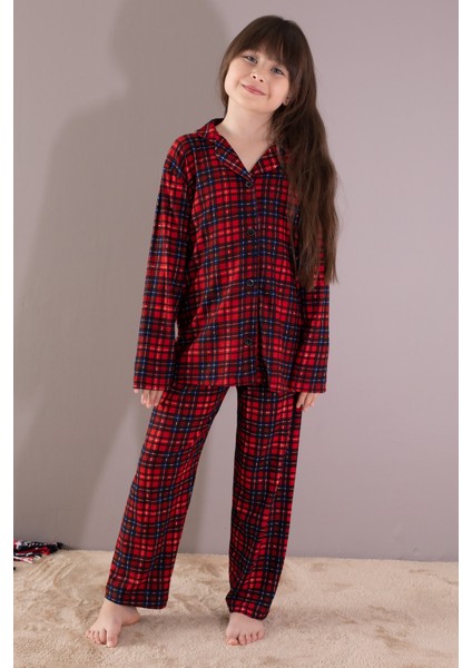 Kırmızı Ekose Desenli Düğmeli Kız Çocuk Pijama Takımı 19791