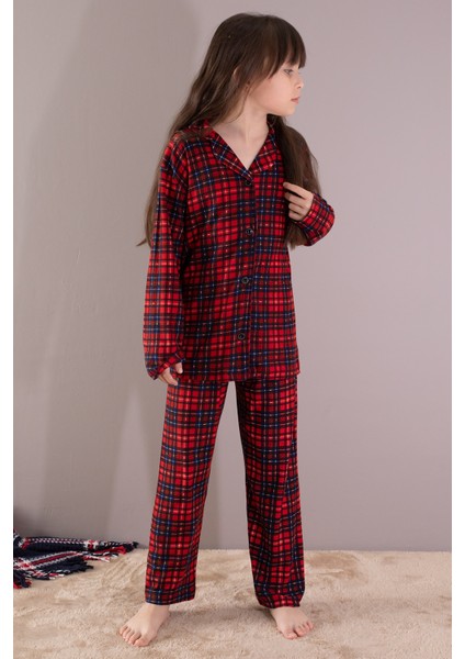 Kırmızı Ekose Desenli Düğmeli Kız Çocuk Pijama Takımı 19791 modelleri