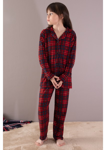 Kırmızı Ekose Desenli Düğmeli Kız Çocuk Pijama Takımı 19791 fırsatları