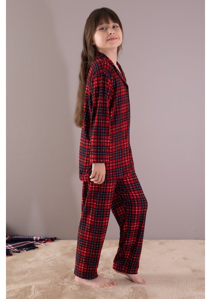 Kırmızı Ekose Desenli Düğmeli Kız Çocuk Pijama Takımı 19791 indirimleri