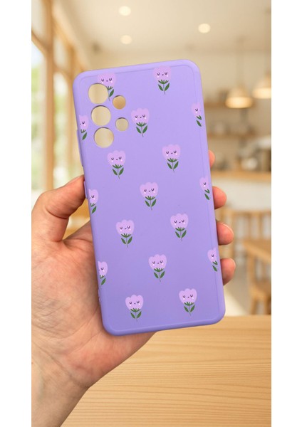 Samsung Galaxy A32-LİLA Lale Desenli Silikon Darbe Emici Klasik Korumalı Rubber Kılıf