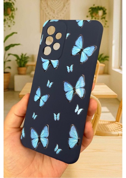 Samsung Galaxy A72 Uyumlu Mavi Kelebek Desenli Silikon Darbe Emici Klasik Korumalı Rubber Kılıf modelleri