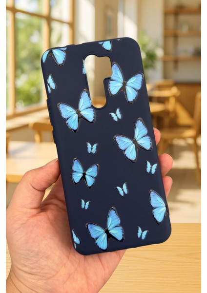 Xiaomi Redmi 9 Uyumlu Mavi Kelebek Desenli Silikon Darbe Emici Klasik Korumalı Rubber Kılıf