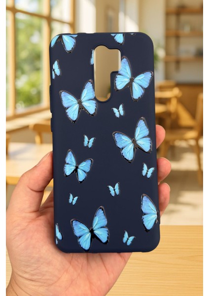 Xiaomi Redmi 9 Uyumlu Mavi Kelebek Desenli Silikon Darbe Emici Klasik Korumalı Rubber Kılıf fiyatları