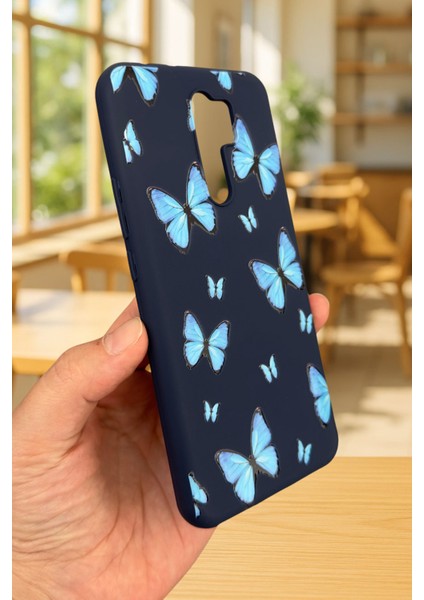 Xiaomi Redmi 9 Uyumlu Mavi Kelebek Desenli Silikon Darbe Emici Klasik Korumalı Rubber Kılıf modelleri