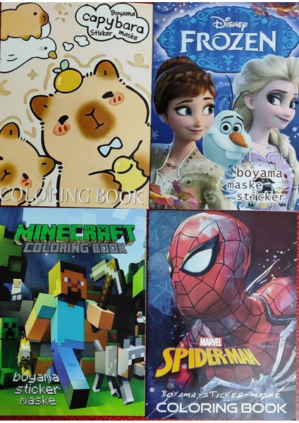 4 Adet Stickerli Boyama Kitabı (Frozen/capybara*/minnecraft/örümcek Ad. Figürlü)