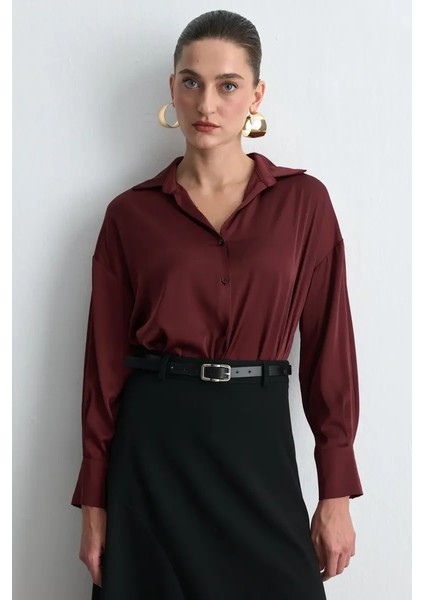 Rahat Kesim Saten Gömlek - Bordo fiyatları
