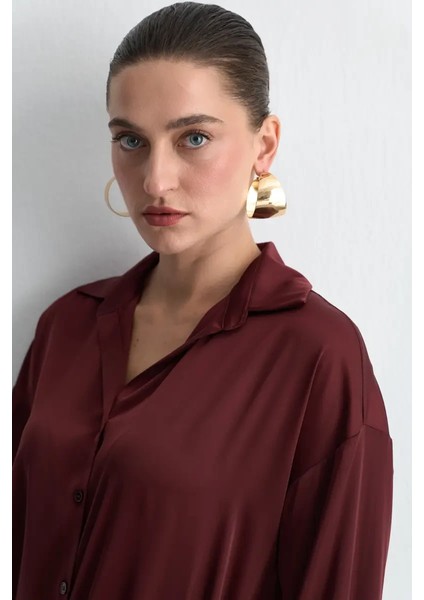 Rahat Kesim Saten Gömlek - Bordo modelleri